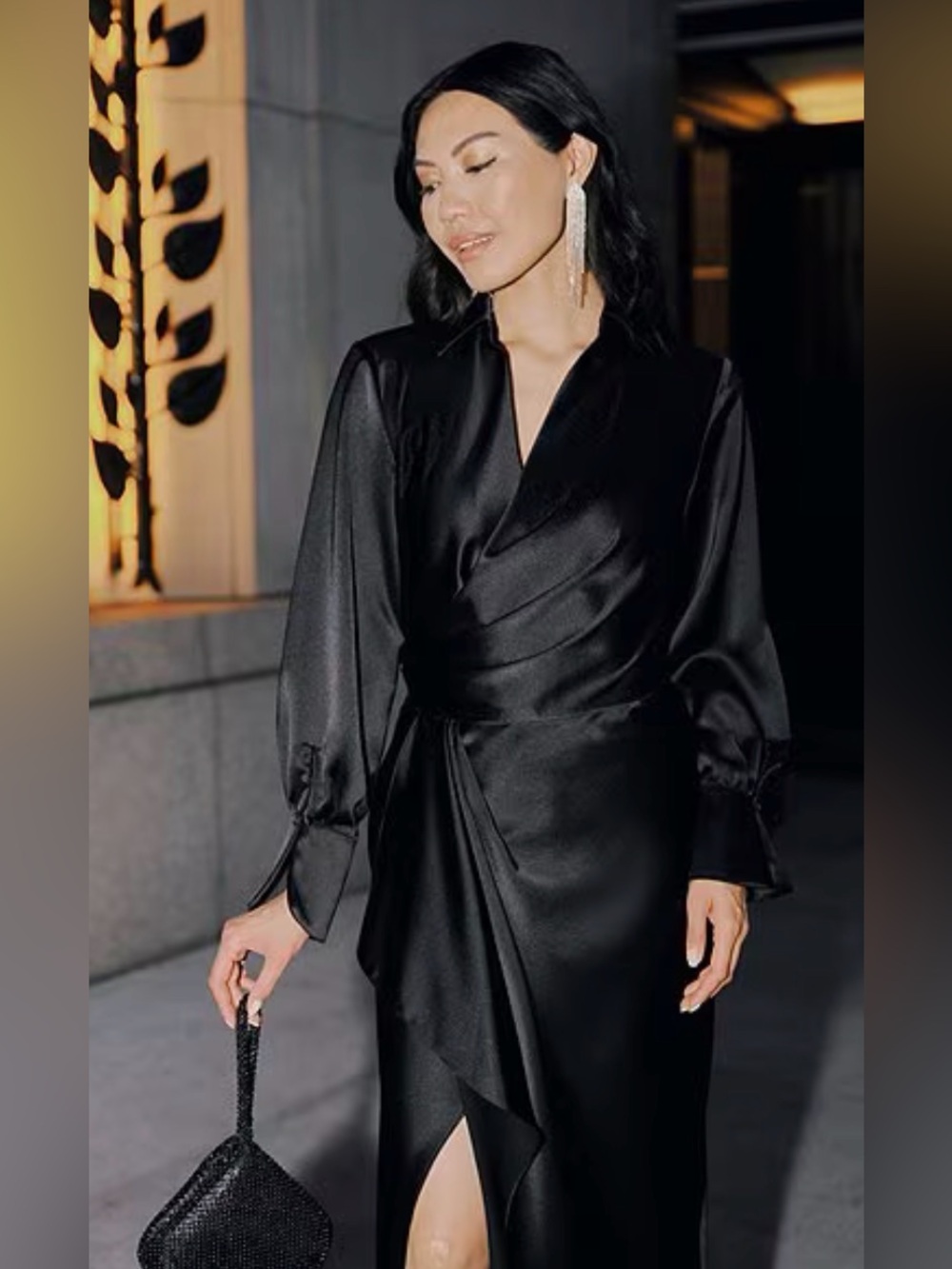 Xscape Black Satin Wrap-Front Maxi Dress